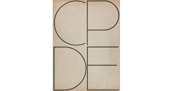 A black-and-white photograph of a print with large, thin capital letters C and P on top, and D and E on the bottom.