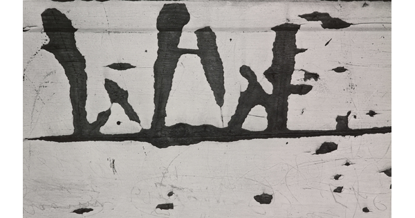 A black-and-white close-up photograph of white paint peeling off of wood.