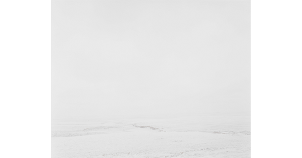 A black-and-white photograph of a white, snow-covered landscape with scattered hints of rocks or vegetation against a white sky.