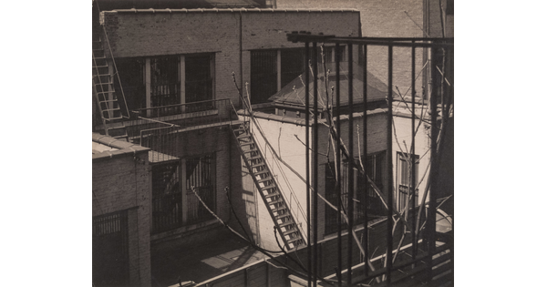 A black-and-white photograph of brick city buildings with fire escapes.
