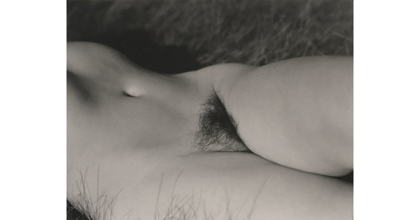 A black-and-white photograph of a White woman lying in grass showing only her lower torso, pubic region, and upper thighs.