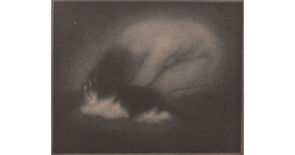 A very soft-focus black-and-white photograph of a nude White woman curled on the ground with a cat lying in front of her.