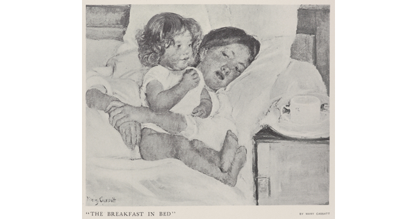 A black-and-white photograph of a print of a White woman lying in bed with her arms around a seated toddler.