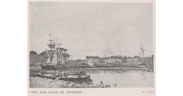 A black-and-white photograph of a print of ships with tall masts in a bay.