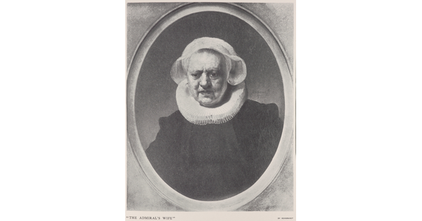 A black-and-white photograph of a print of an older woman from the bust upward wearing period clothing.