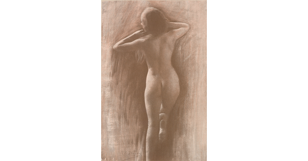 A sepia-toned photograph of a nude White woman from the back, arms raised to her neck.