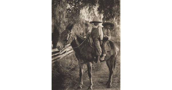 A black-and-white photograph of two Black boys wearing straw hats, riding on a mule on a fence-lined dirt road.