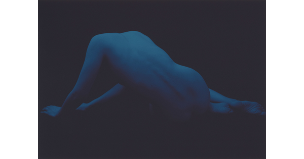 A monochromatic blue photograph of a nude figure, seen from behind, that is half reclined and propped up on their hands.