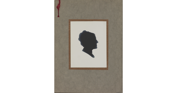 A black silhouette print of a woman's head, shown in profile, on a white background.