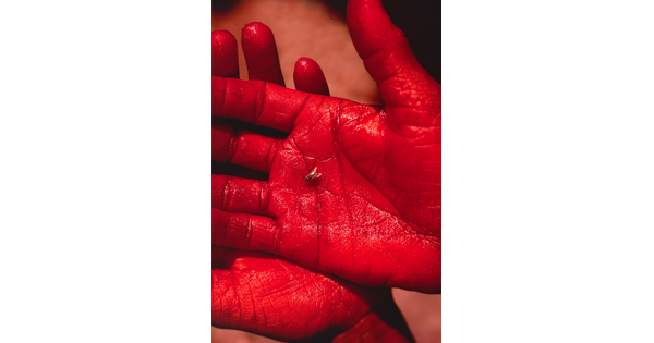 A color photograph of two vibrantly red-dyed hands stacked on each other with a fly in the palm of top hand.