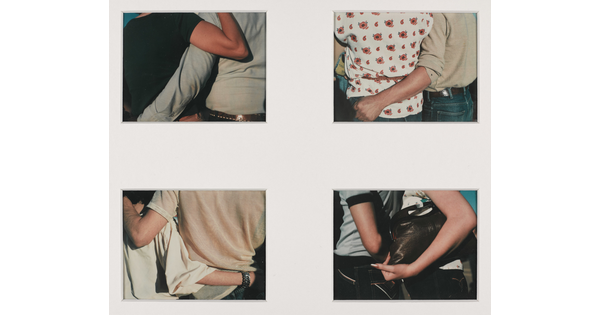 Four close-up color photographs of the backs of people with their arms around each other.