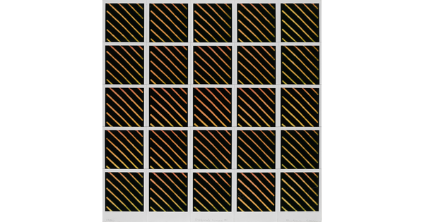 An abstract color photo of five rows of five squares, each square featuring thin yellow, diagonal lines slanting from upper left to lower right on a black background.