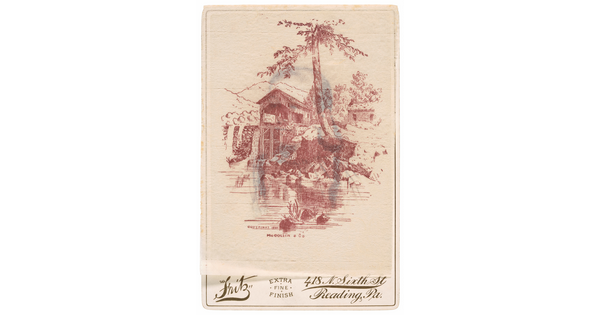 A black-and-white photograph of a person overlayed with a drawing in red of a bridge overlooking a river.