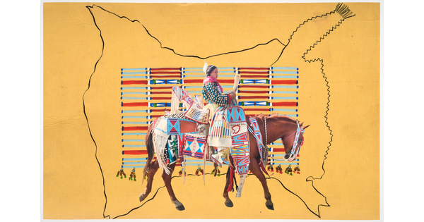 A color photograph of an Indigenous woman in traditional dress riding a horse, overlaid onto a beaded cultural object all on a yellow background.