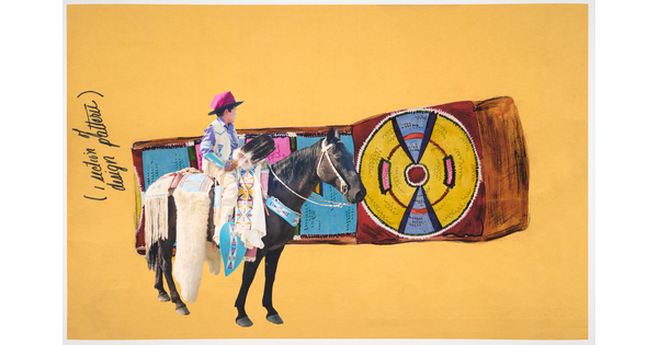 A color photograph of a Native American boy in traditional dress on horseback, overlaid onto a beaded cultural object and text that reads "(1 section of design pattern)," all on a yellow background.
