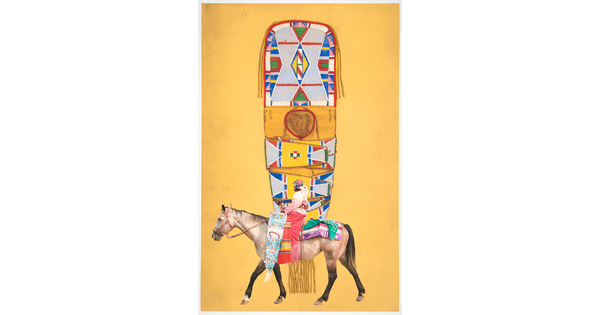 A color photograph of a Native American woman in traditional dress on horseback, overlaid onto a decorative, cultural object against a yellow background.