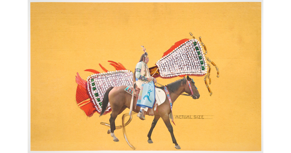 A color photograph of a Native American man in traditional dress on horseback, overlaid onto a beaded cultural object all against a yellow background.