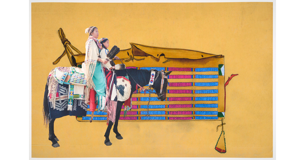A color photograph of a Native American woman and child in traditional dress on horseback, overlaid onto a decorative cultural object against a yellow background.