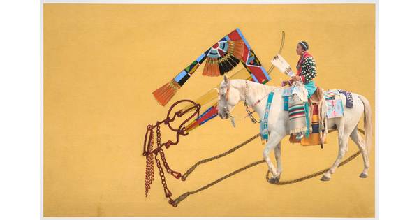 A color photograph of a Native American woman in traditional dress on horseback, overlaid onto a decorative cultural object against a yellow background.