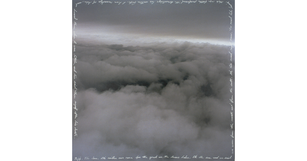 A square, monochromatic photograph of clouds seen from above with the title words written in white around the perimeter.