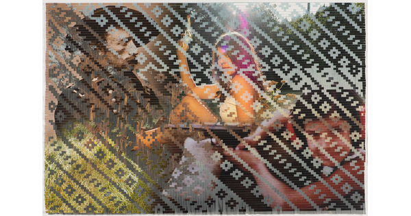 A color photograph collaged people in color and sepia that are abstracted because the photograph is made from strips of paper woven in a basket pattern.