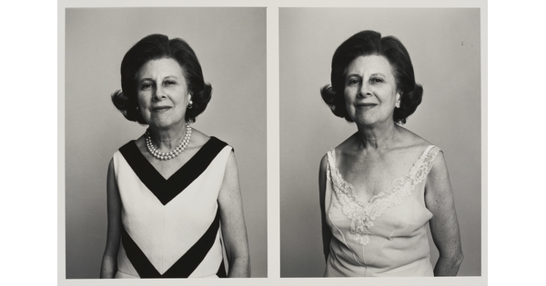 Two side-by-side black-and-white photographs of a White woman in the same pose: on the left, in a nice dress and jewelry, and on the right, in a slip and no jewelry.