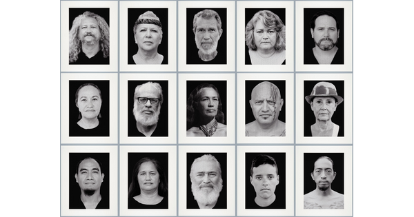 A black-and-white photograph made up of three rows of five portraits of Indigenous people of a variety of ages.