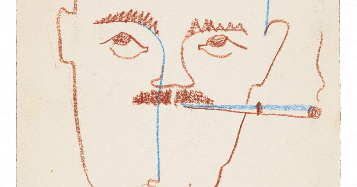 Colored pencil drawing of a moustached man smoking a cigarette and holding a hammer and a cup, standing over the words, &quot;In which there is no hope.&quot;