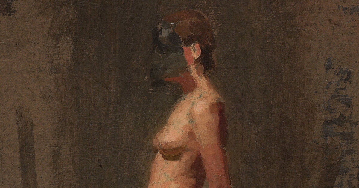 An oil painting of a nude White woman, face masked in black, in profile against a dark background.