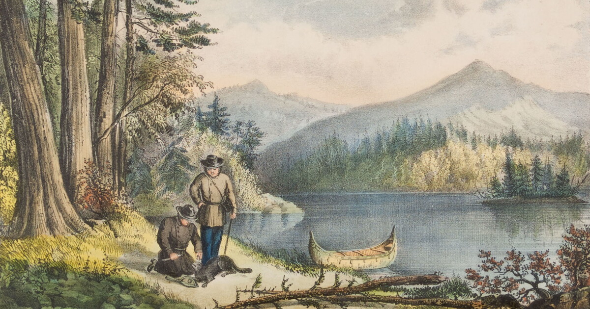 A color print of two White men, one standing and one kneeling, in front of a beaver caught in a trap on the shore of a calm lake.