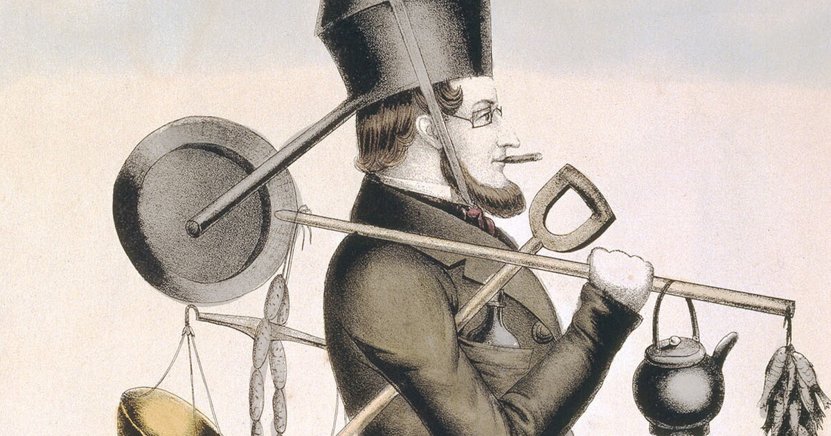 A color print of a full-length figure in profile, carrying a suitcase in one hand and other various tools in his pockets, on his head, and over his shoulders.