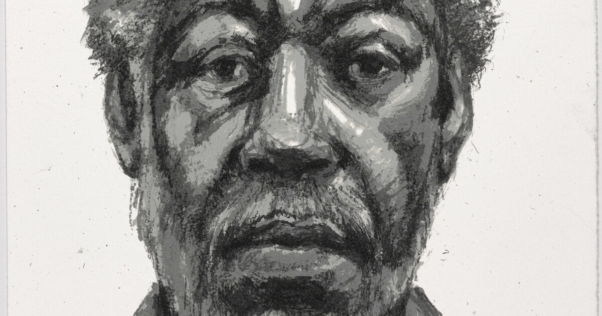 A black-and-white print of a sketch of a balding Black man who looks out at the viewer.