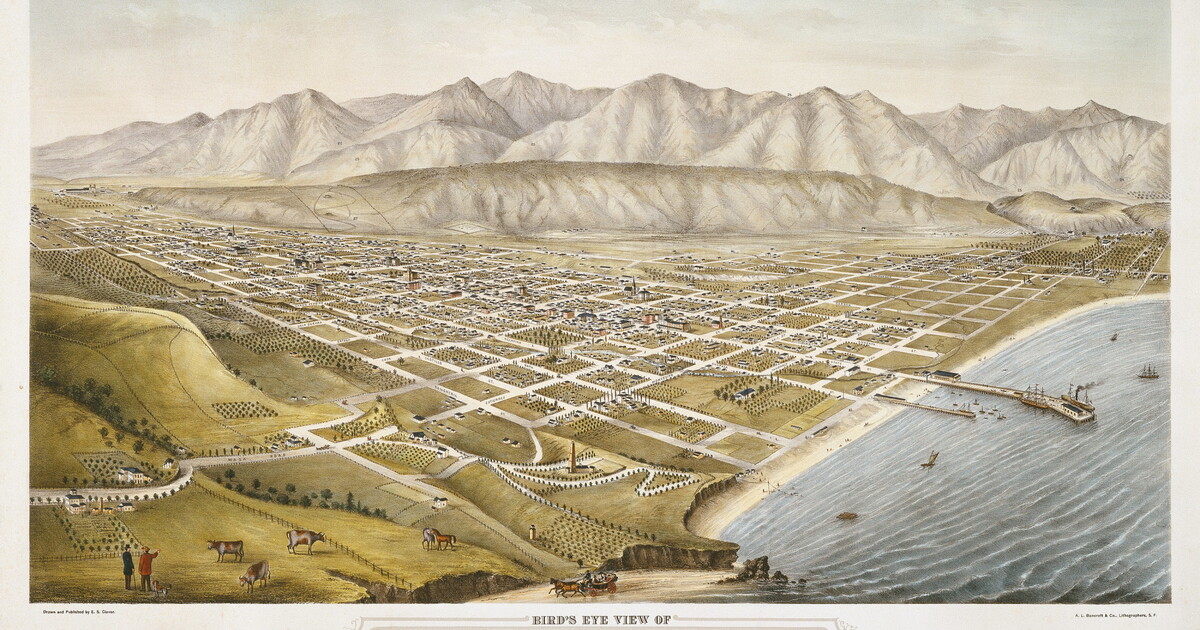 Bird's Eye View of Santa Barbara, California, 1877. Looking