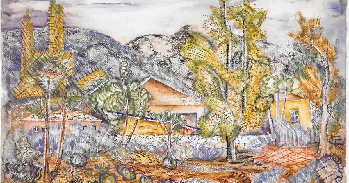 An abstract watercolor of trees and other plants in front of a rock wall that partially hides houses at the base of mountains.